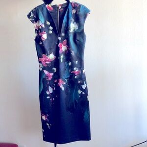 Ted Baker Black Floral Midi Dress with Pink & Green Accents